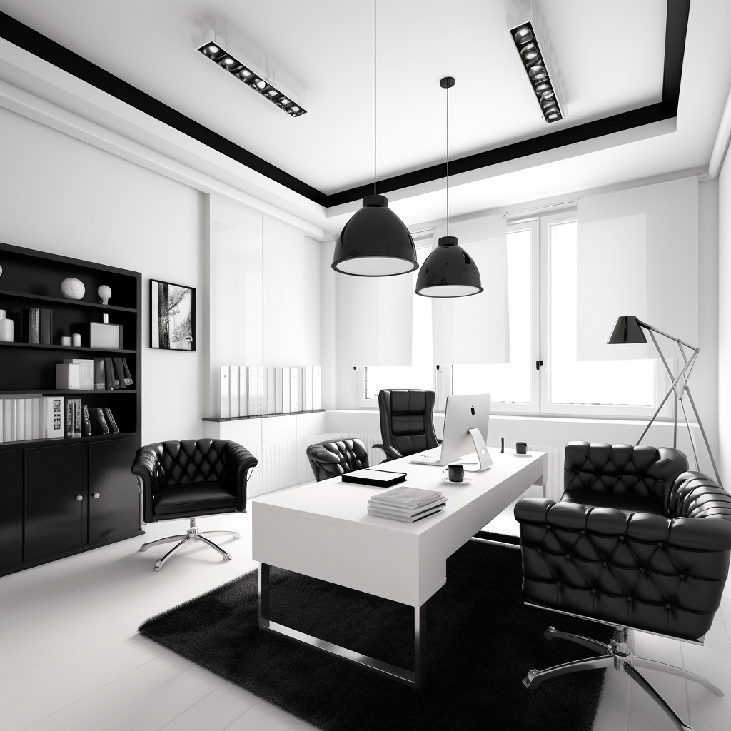 Белые стены и черная мебель в офисе